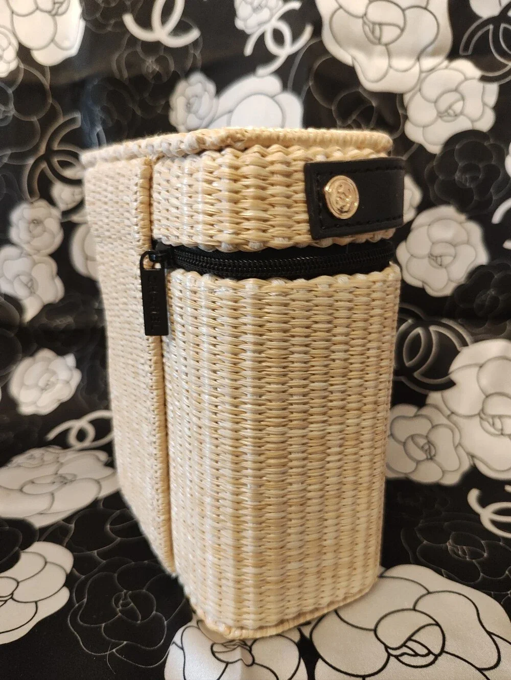 Beige Woven Beauté Mini Bag with Black Trim